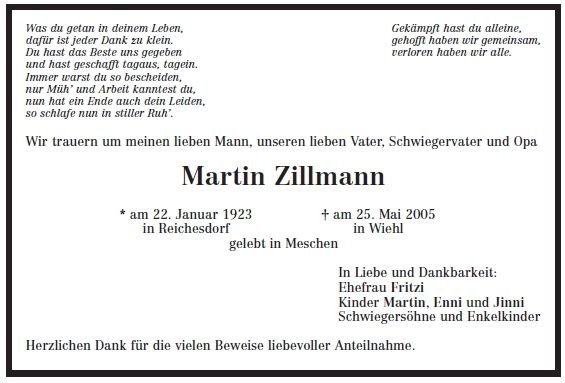 Zillmann Martin 1923-2005 Todesanzeige